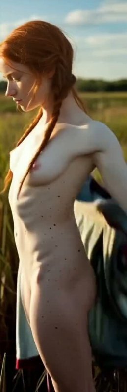 Красивая рыжая девка разделась в поле