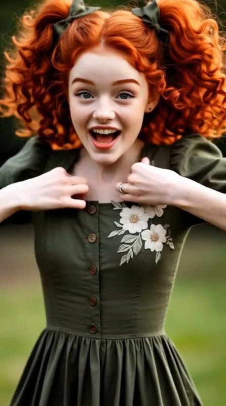 Красивая рыжая девушка сняла зелёное платье